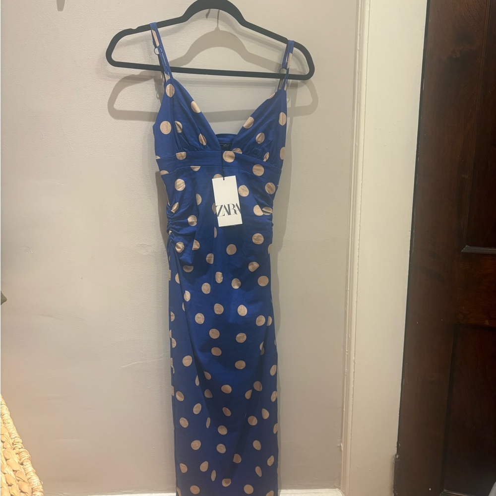 Zara Navy and Beige Polka Dot Midi Dress XS